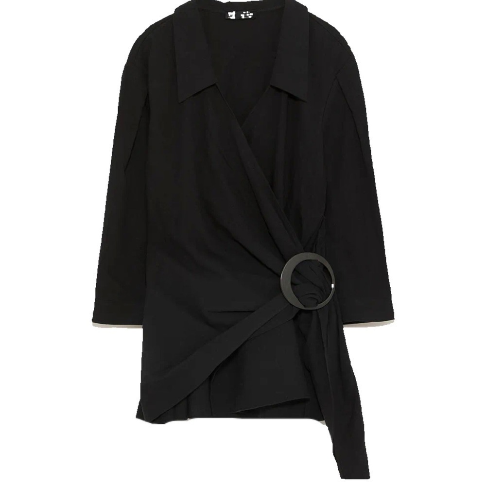 Zara Black Linen Puff Sleeve Wrap Shirt Black Size S